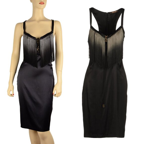 Roberto Cavalli Dresses & Skirts - ROBERTO CAVALLI DRESS FRINGE FRONT BLACK SATIN SILK IT 44 / US 8